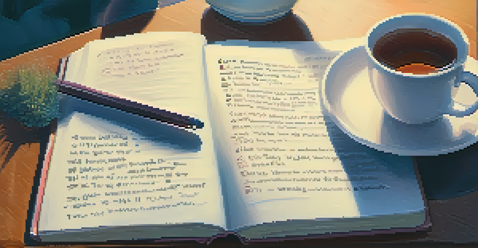 A close-up of a hand writing in a journal filled with career goals, with a cup of tea beside it.