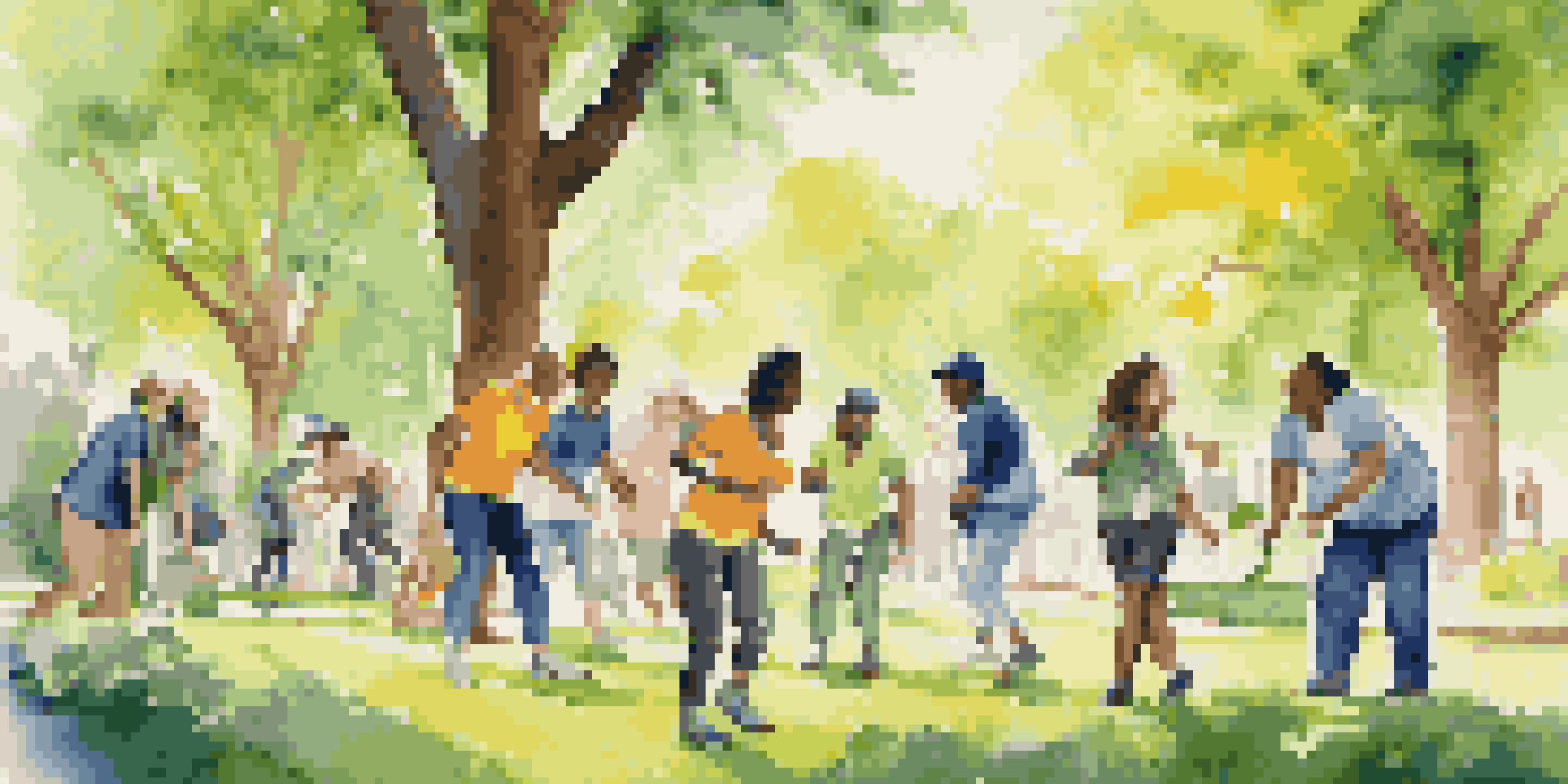 A group of diverse colleagues participating in a scavenger hunt in a sunny park, smiling and working together.
