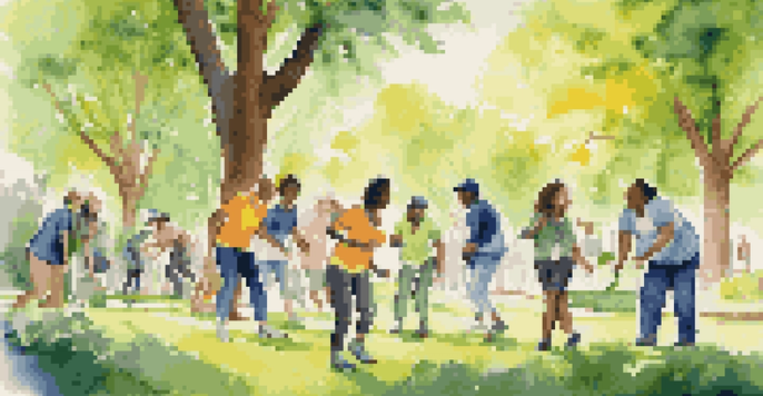 A group of diverse colleagues participating in a scavenger hunt in a sunny park, smiling and working together.