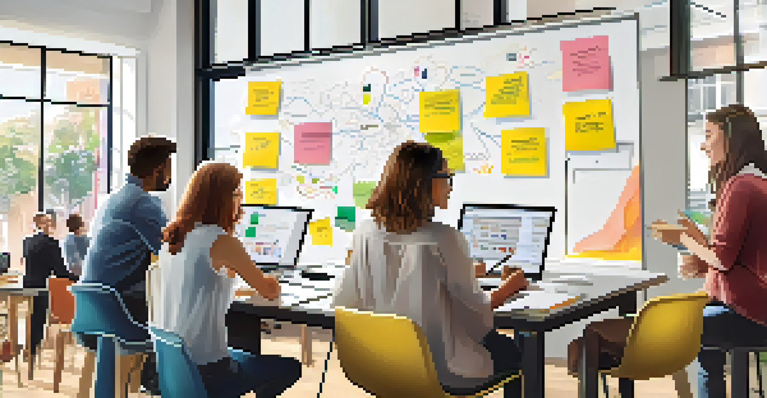 A collaborative workspace with team members brainstorming around a table filled with sticky notes and a whiteboard.