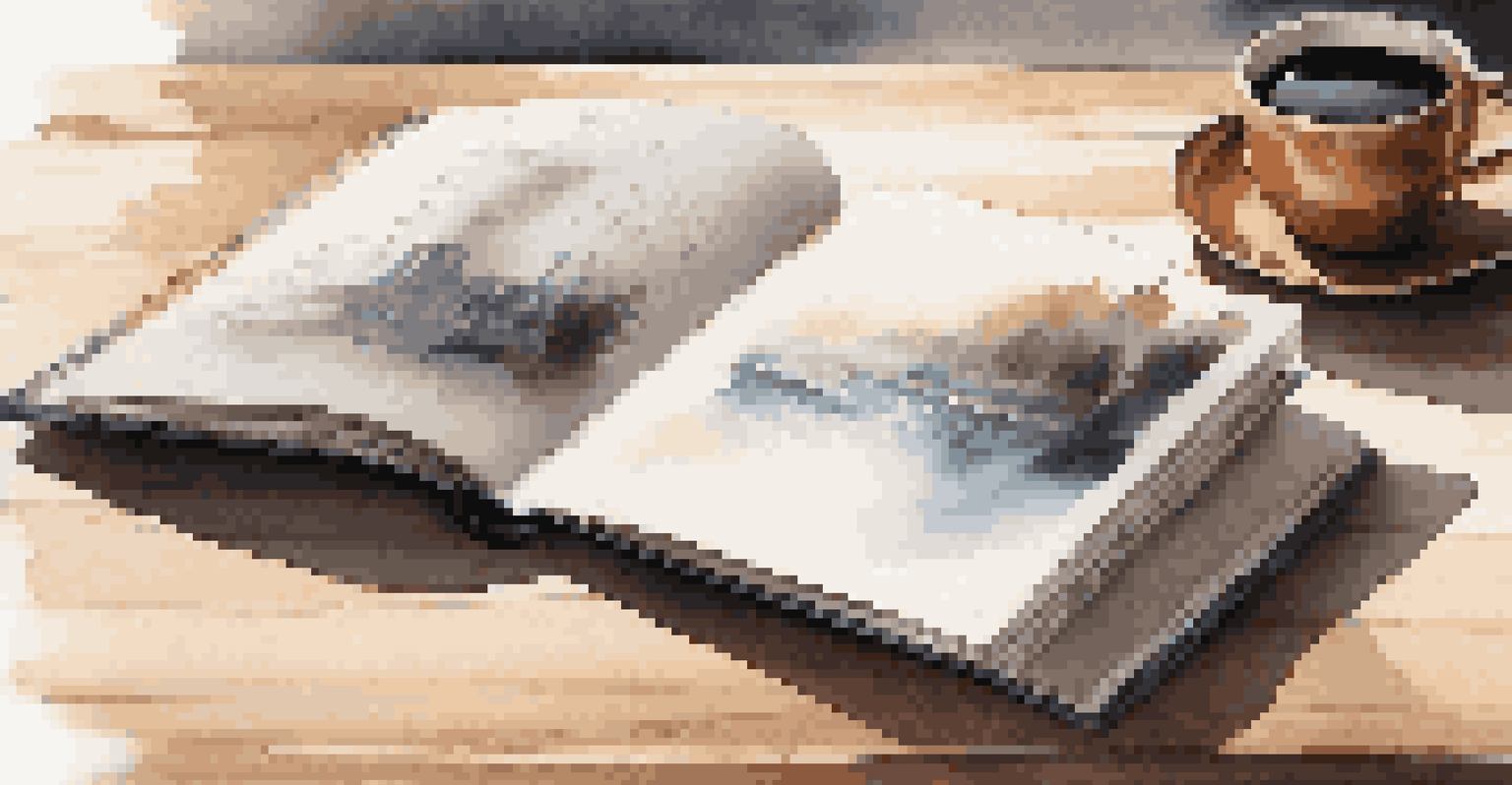 An open physical portfolio book showcasing design projects on a wooden table with a cup of coffee.