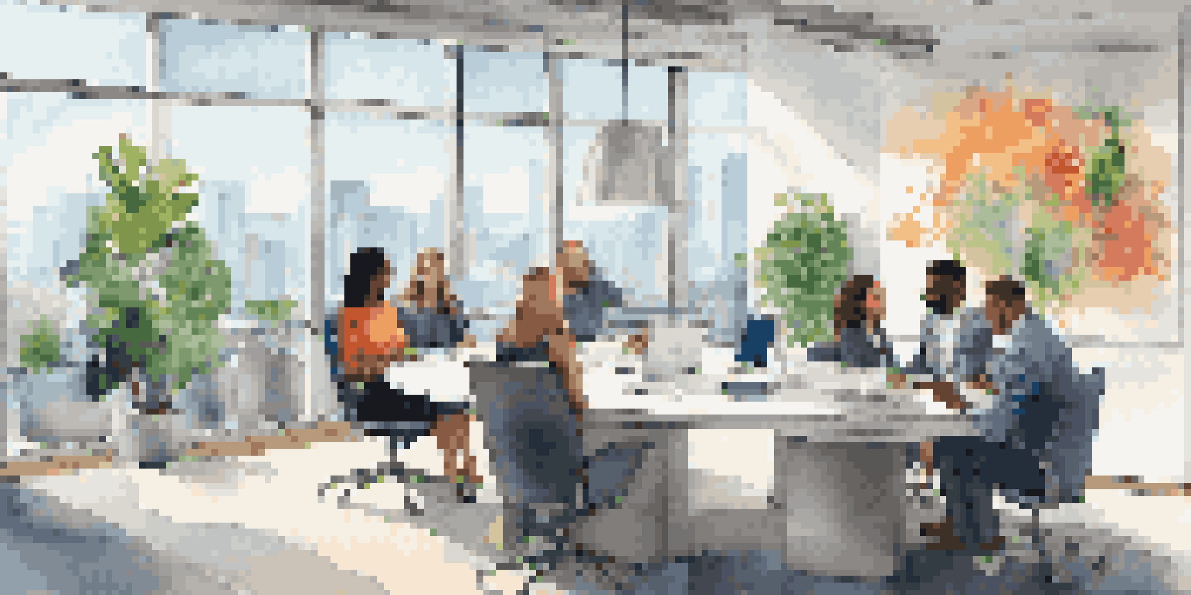 A diverse group of employees collaborating in a bright modern office with large windows and a city view.