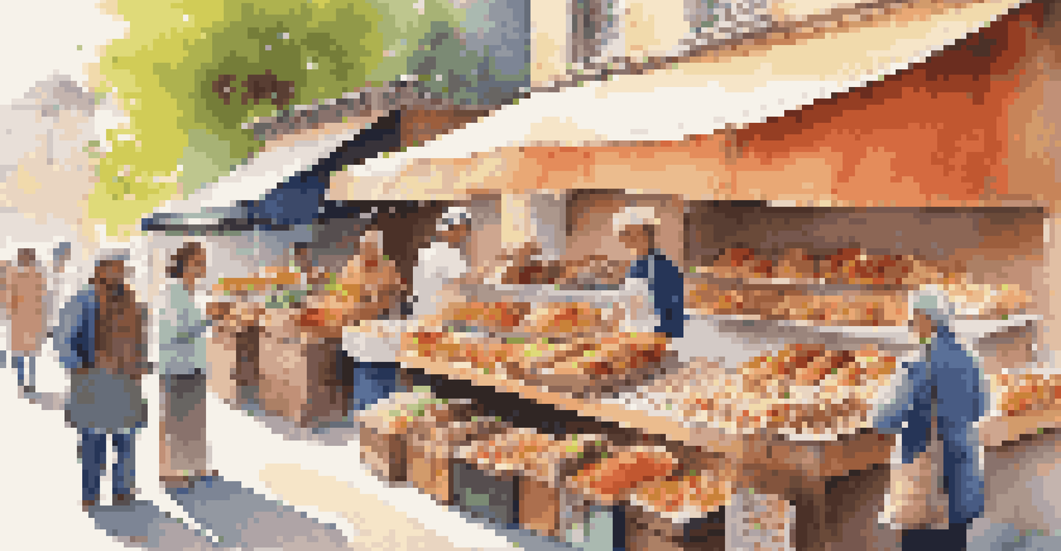 An outdoor market with an entrepreneur selling homemade baked goods at a colorful stall surrounded by customers.
