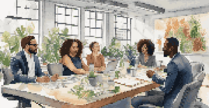 A diverse group of professionals collaborating in a bright modern office, showcasing various cultural backgrounds and attire.