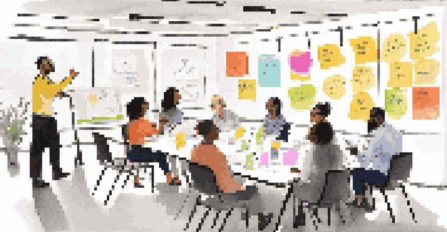 A diverse group of mid-career professionals collaborating during a career coaching workshop, with whiteboards and sticky notes in the background.