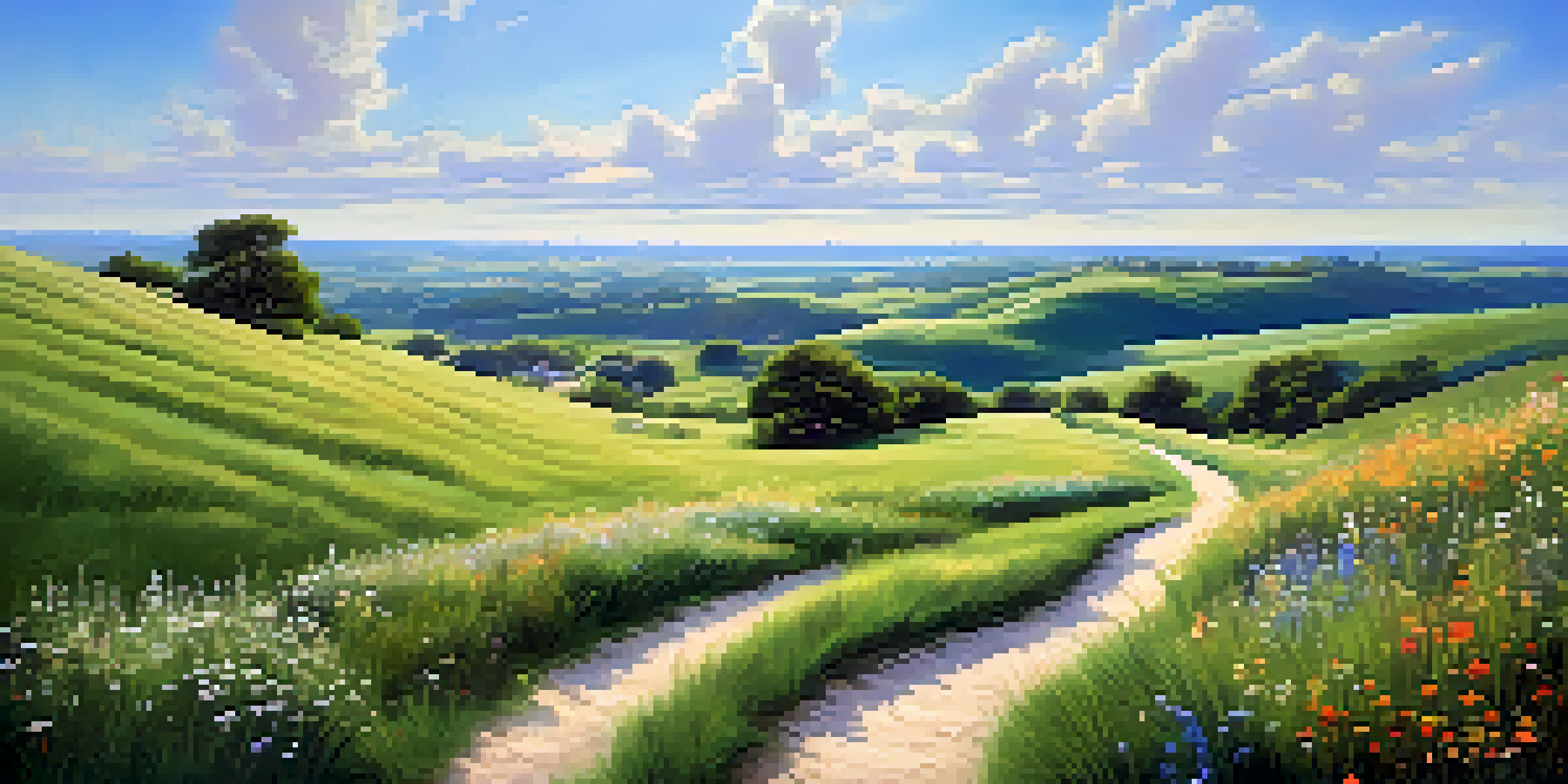 A peaceful landscape with a green field, a winding path, and colorful wildflowers under a blue sky.