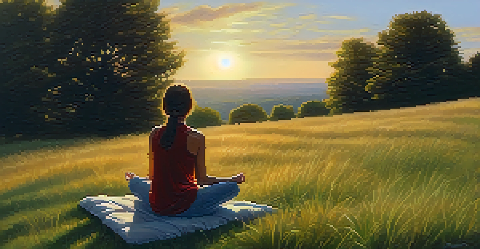 A person meditating outdoors on a grassy hill during sunset, surrounded by nature.