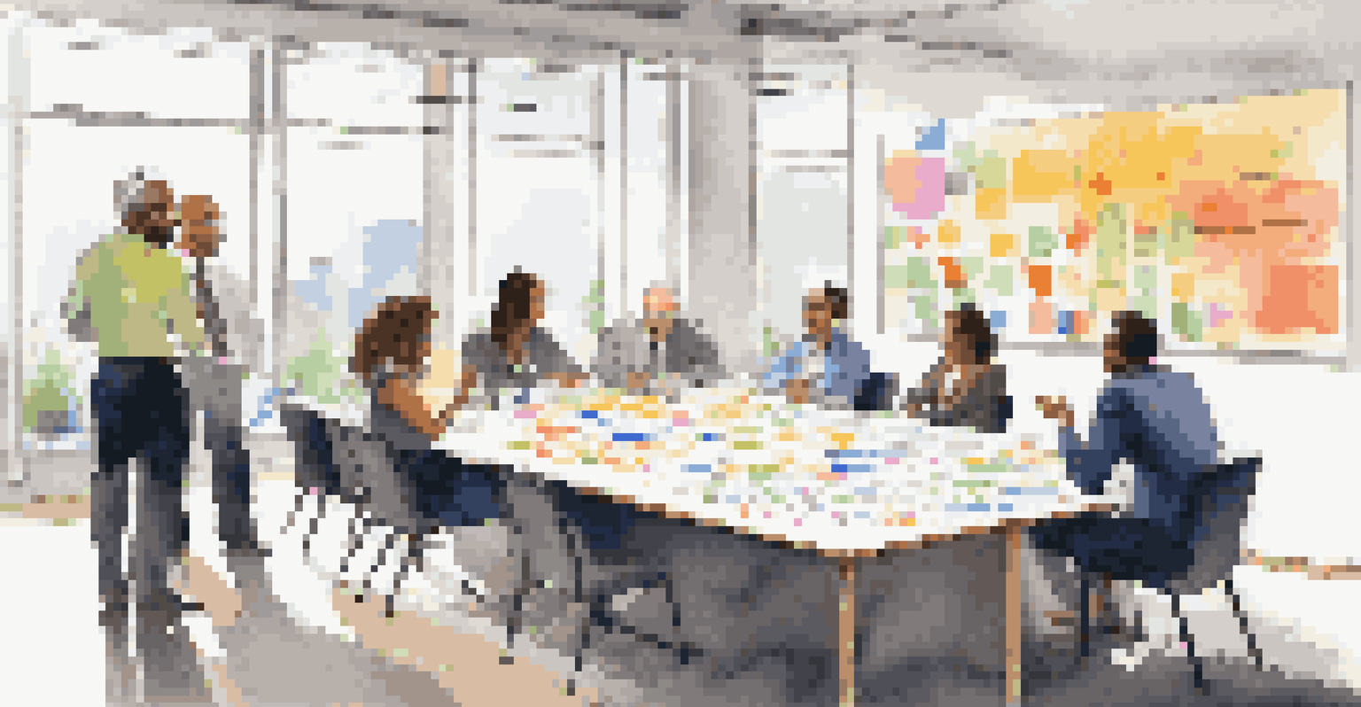 A diverse group of professionals discussing around a conference table, with a whiteboard filled with notes, illuminated by natural light.