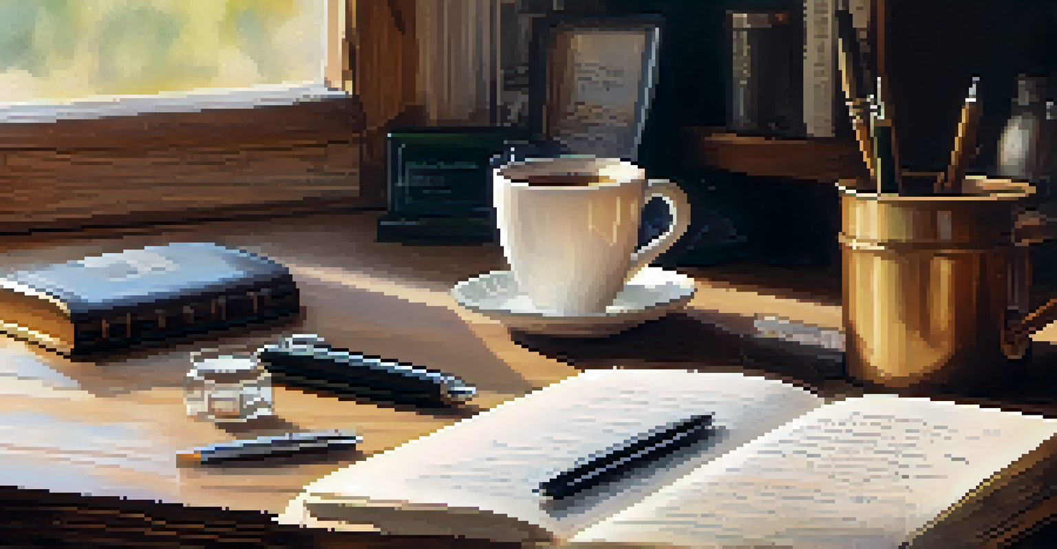 A close-up of a hand writing in a journal on a rustic wooden desk, with a cup of coffee and personal items nearby, illuminated by morning light.