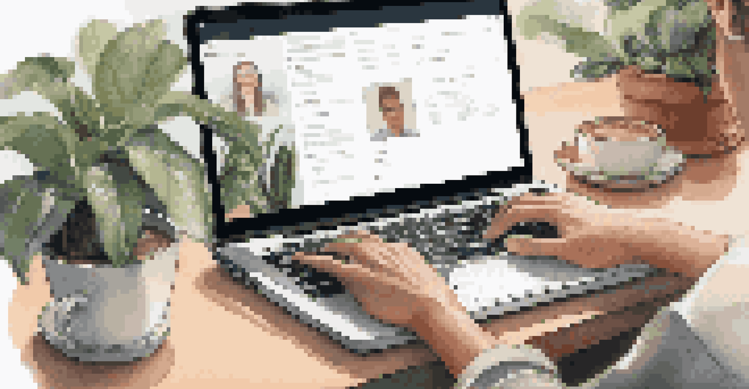 Close-up of hands typing on a laptop with a virtual meeting interface, showcasing an organized and calming workspace.