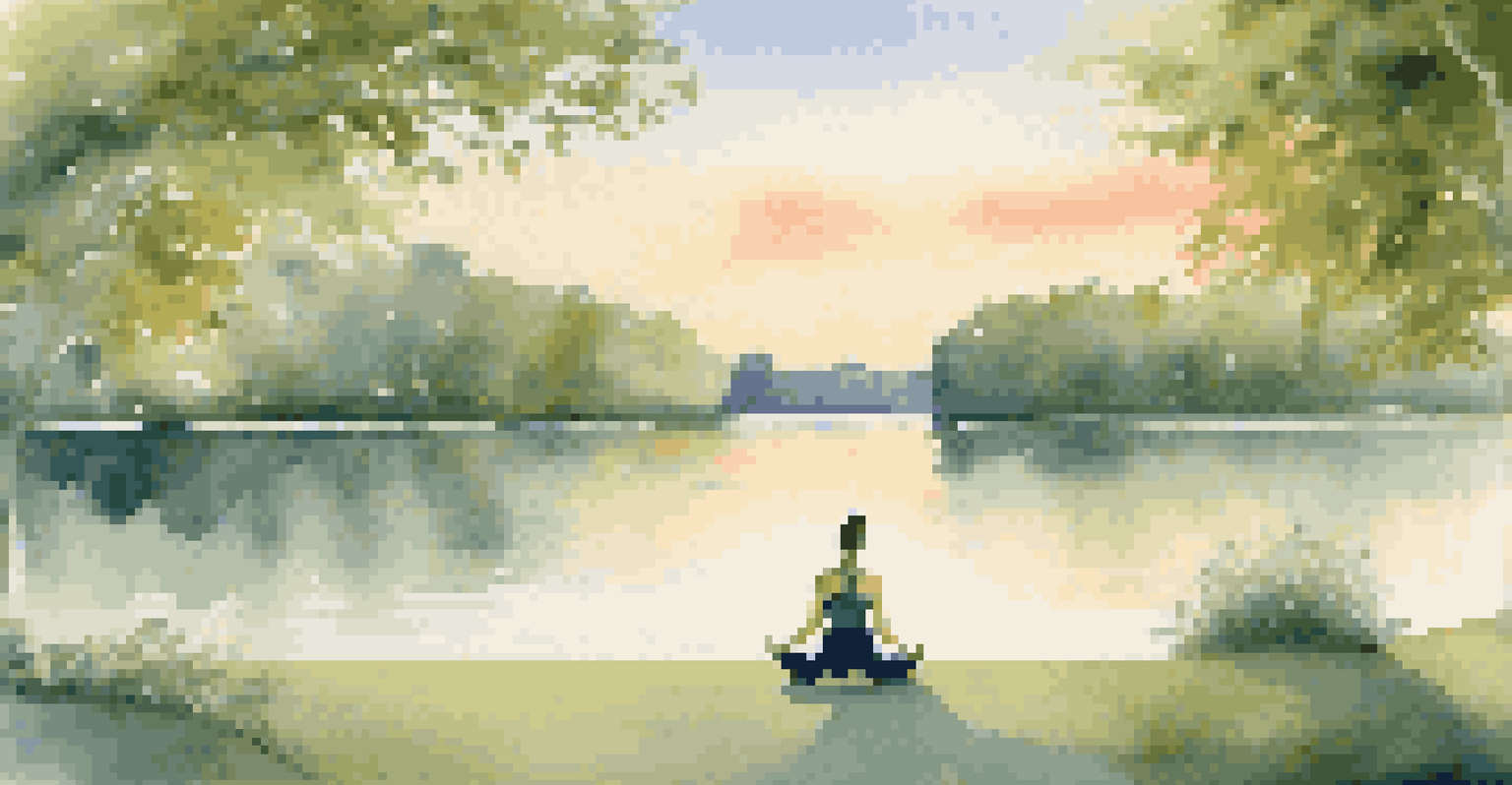 A person doing yoga in a park at sunrise, surrounded by nature and a calm lake, representing self-care.