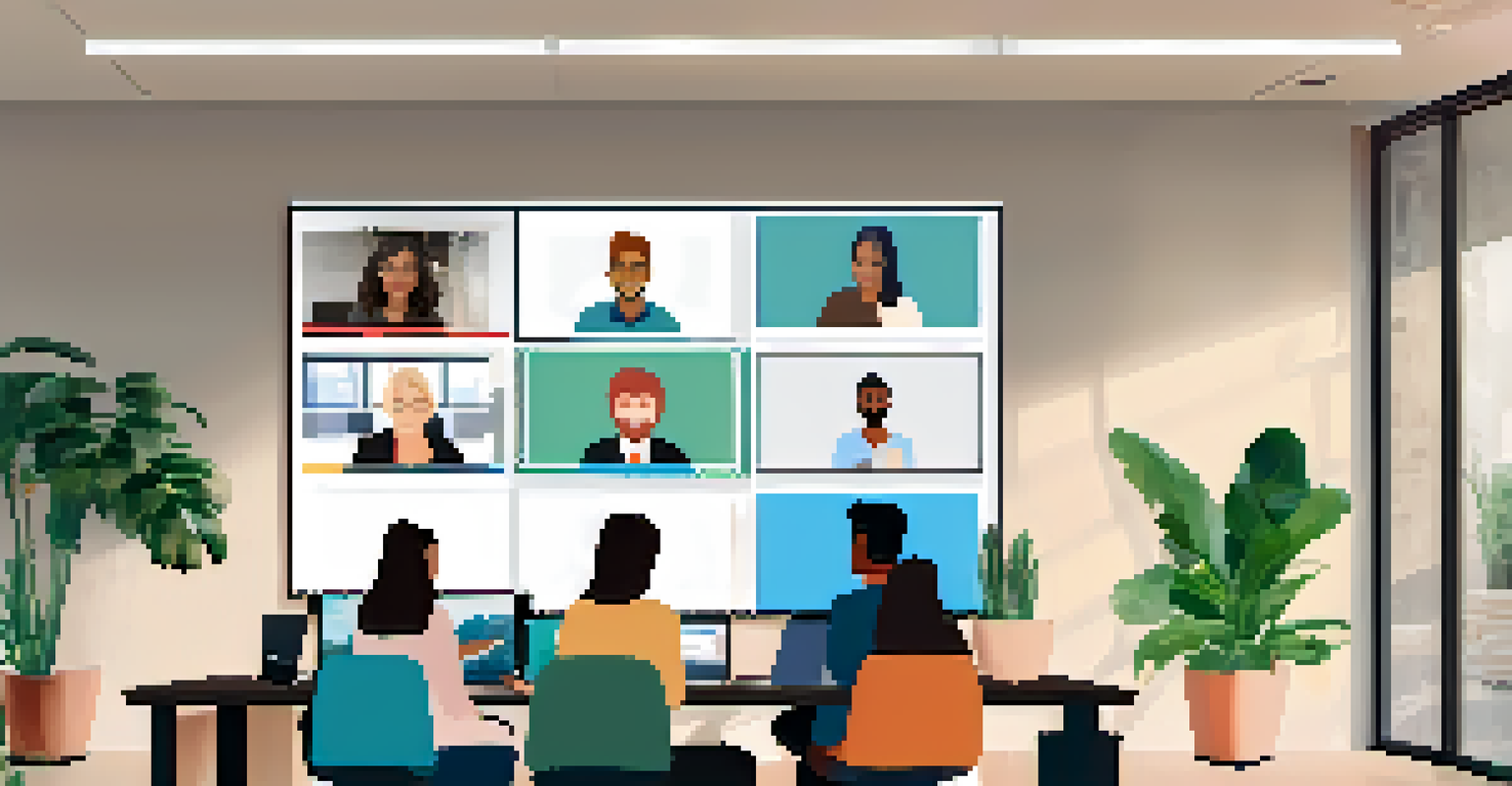 A diverse group of team members participating in a video call, displayed on a large screen in a modern office environment.