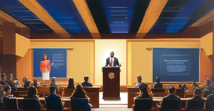 A confident speaker presenting at a podium to an engaged audience, with a large screen in the background.