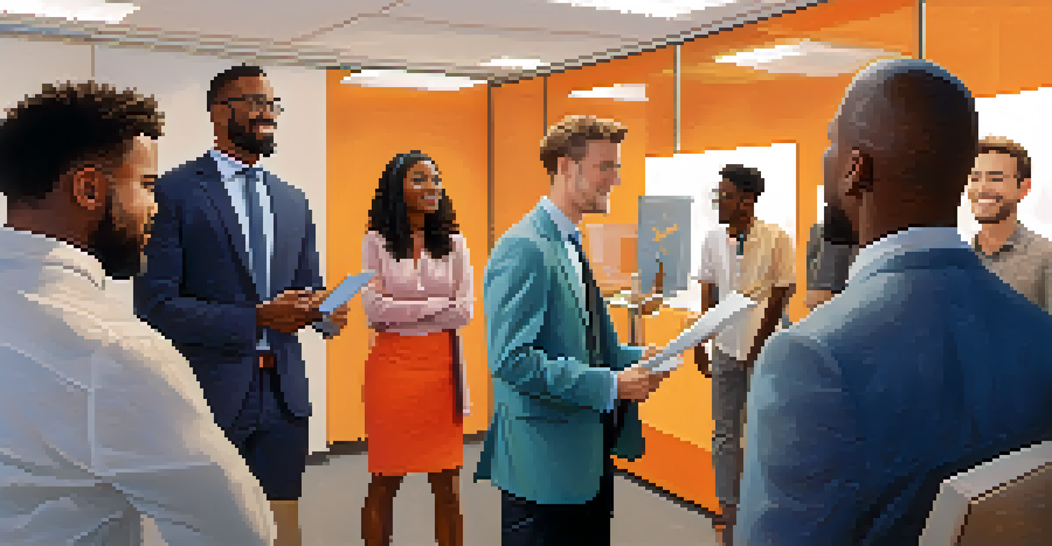 A diverse group of job candidates practicing elevator pitches in a co-working space, engaged in discussion.
