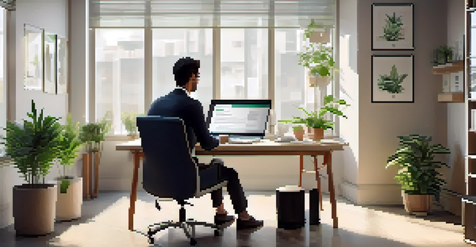A job seeker working at a modern desk with a laptop displaying job listings, surrounded by plants and motivational decor.