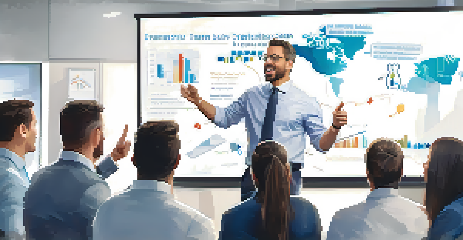 A leader presenting to an engaged team in a modern office, with a large screen showing positive graphs.