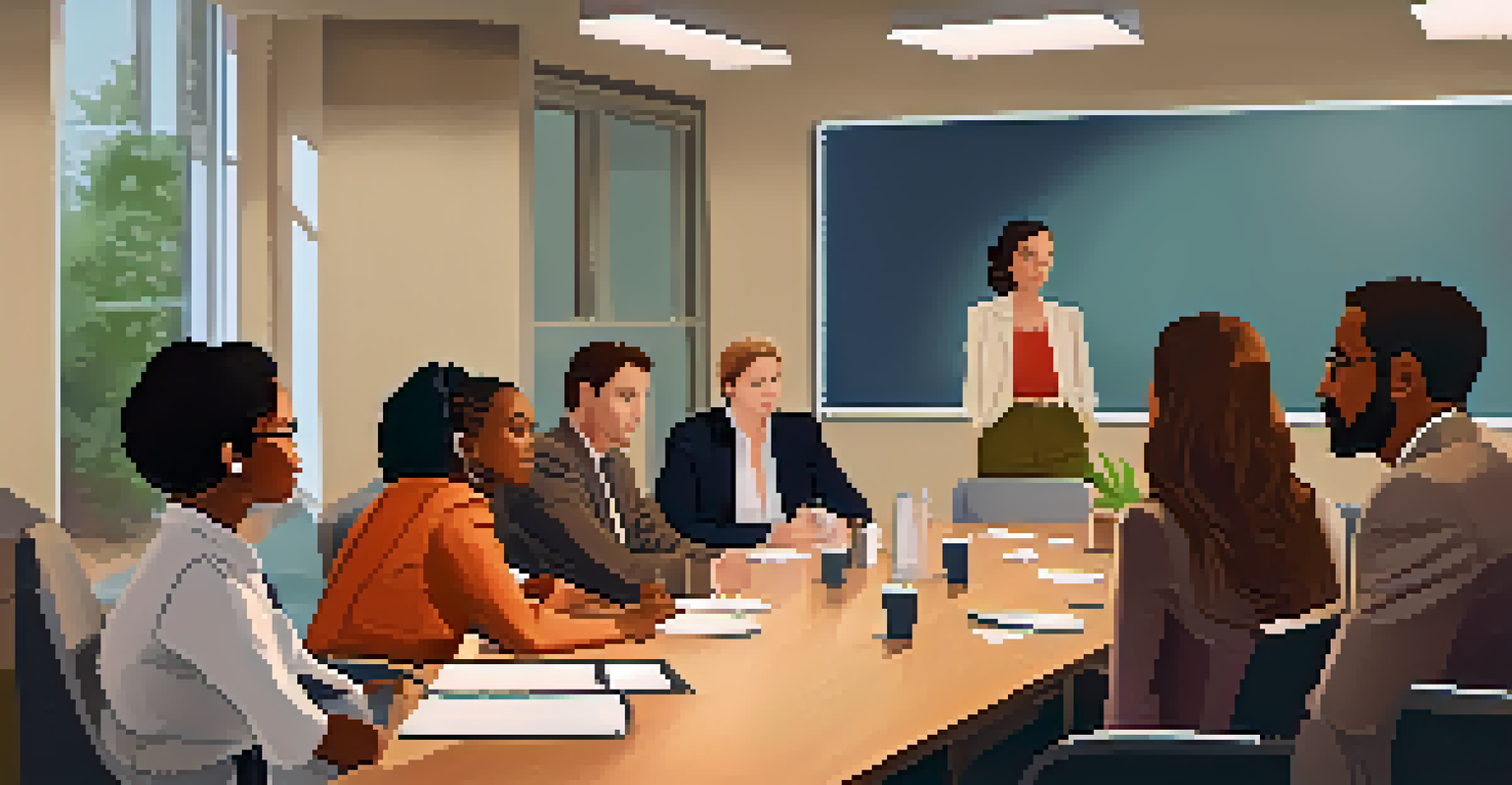 A diverse group of individuals engaged in a discussion around a conference table, one person asking a question while others show agreement.