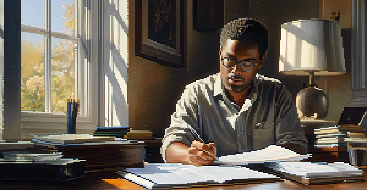 An individual examining an employment contract at a desk with a laptop and coffee, deep in thought.