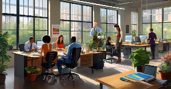 A diverse group of employees working together in a bright office environment, with various ages and ethnic backgrounds.