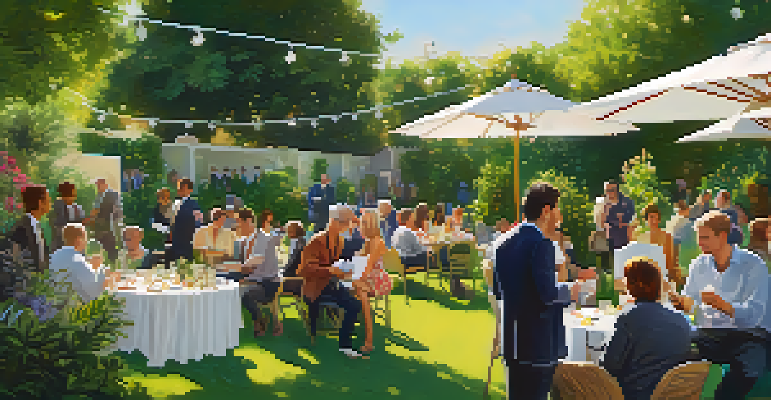 A lively outdoor networking event in a garden, with diverse attendees exchanging ideas and business cards.