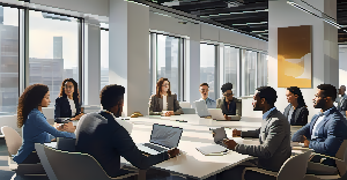 A diverse group of employees collaborating in a bright office space, seated around a conference table with laptops and notebooks.