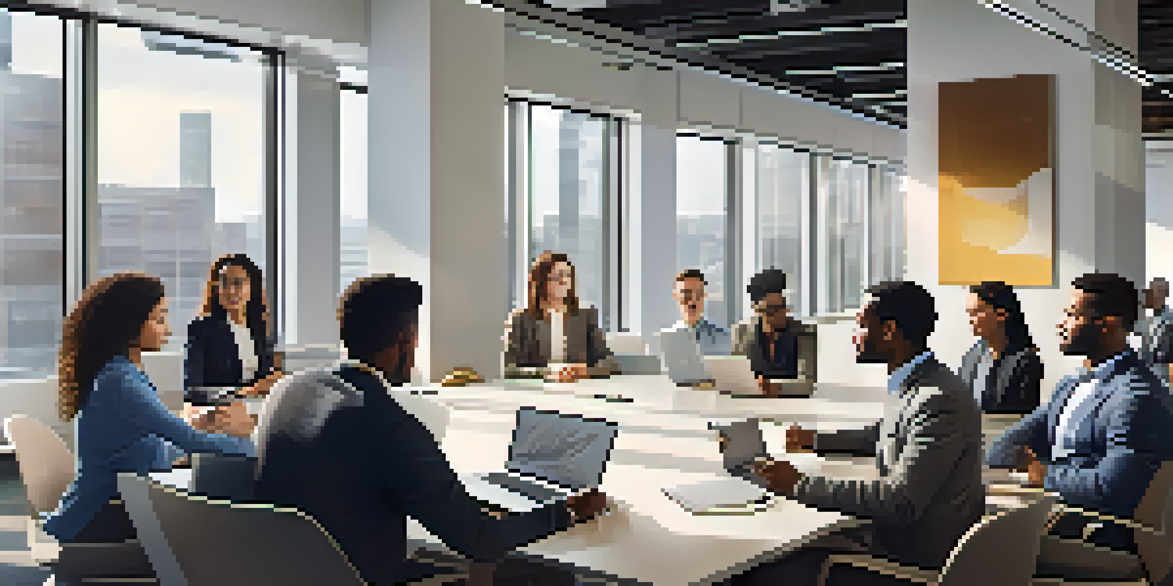 A diverse group of employees collaborating in a bright office space, seated around a conference table with laptops and notebooks.