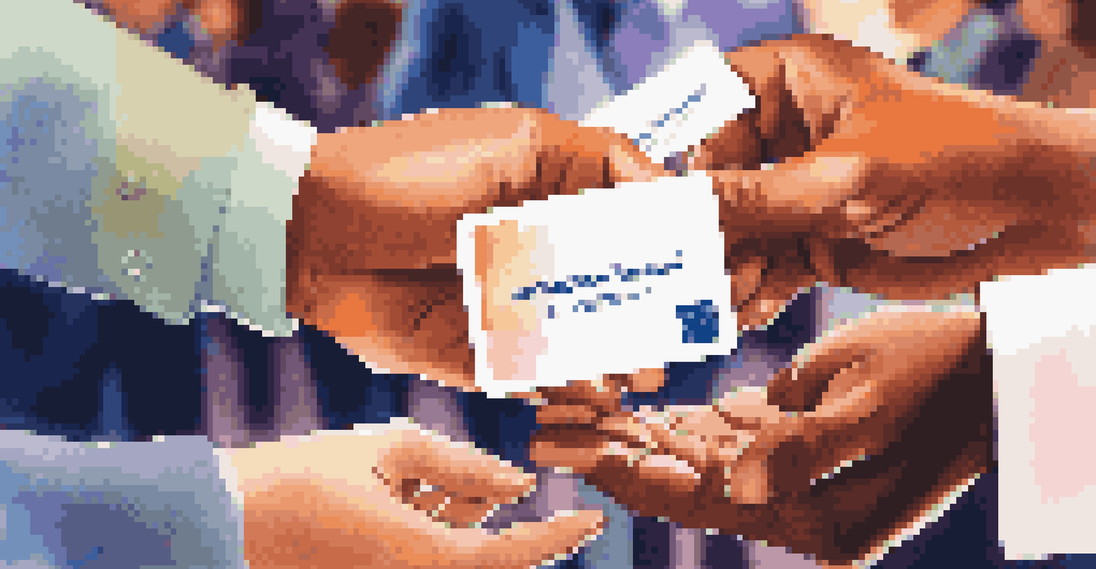 Two hands exchanging business cards at a networking event, with vibrant card designs in focus.