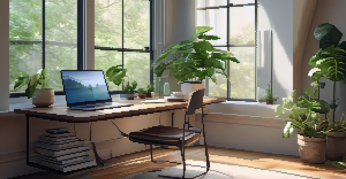 A bright and organized workspace with a laptop, notebook, and coffee cup on a wooden desk, illuminated by natural light from a large window.