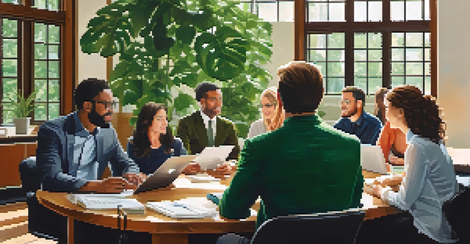 A diverse group of professionals collaborating in a bright office space, showcasing emotions like enthusiasm and focus.