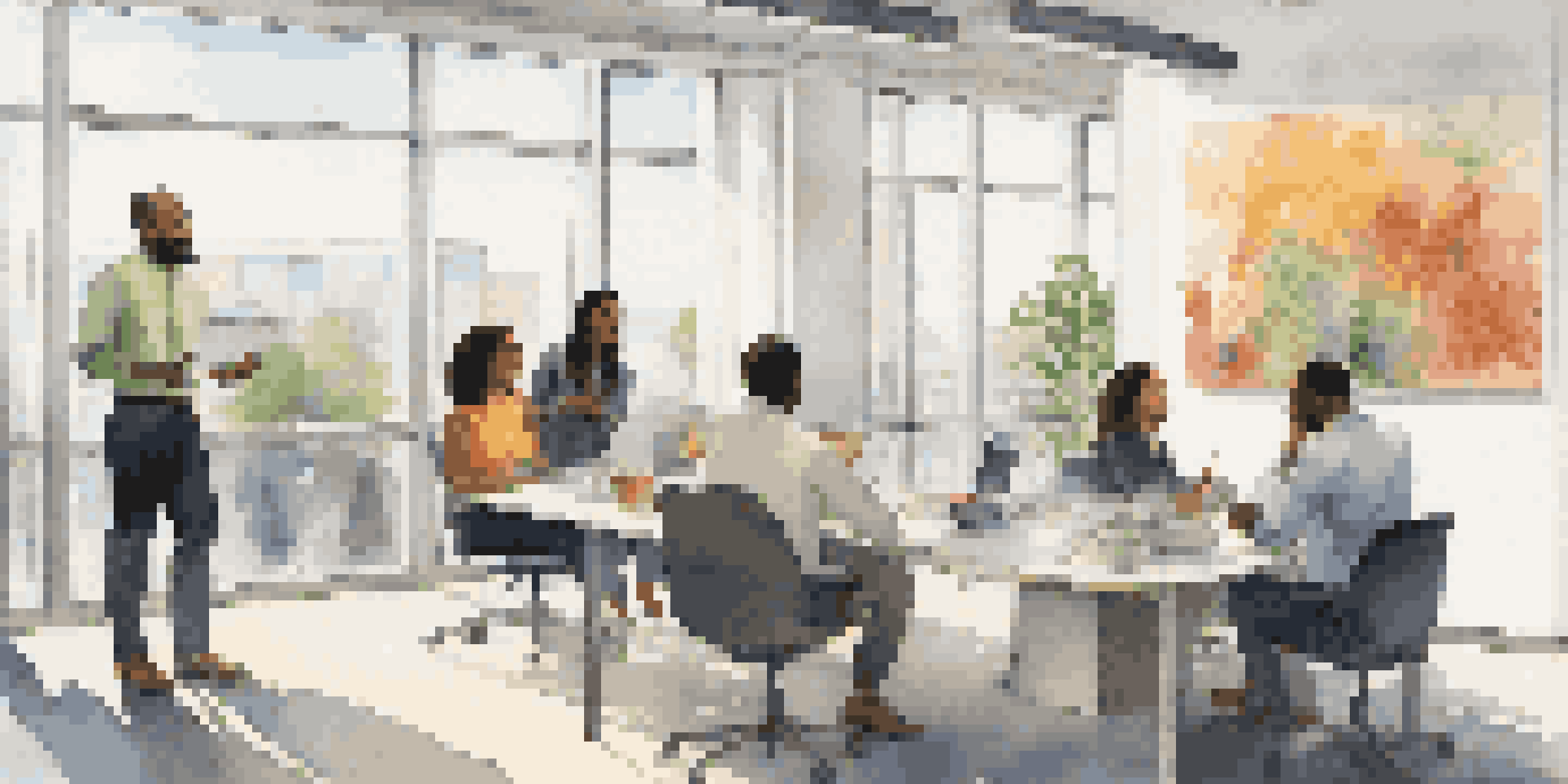 A diverse group of employees discussing in a bright office with colorful artwork.