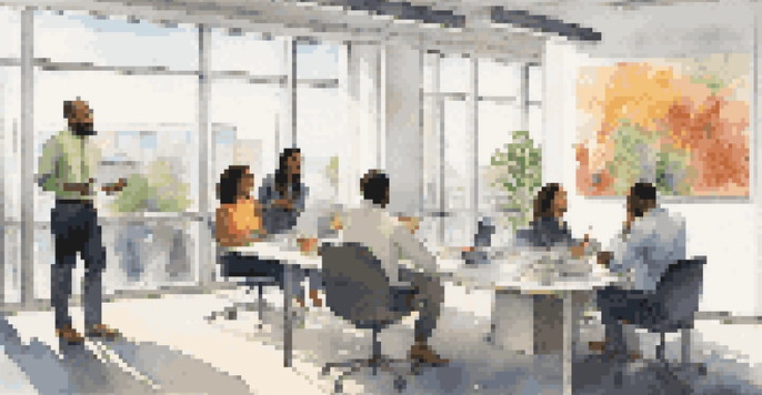 A diverse group of employees discussing in a bright office with colorful artwork.