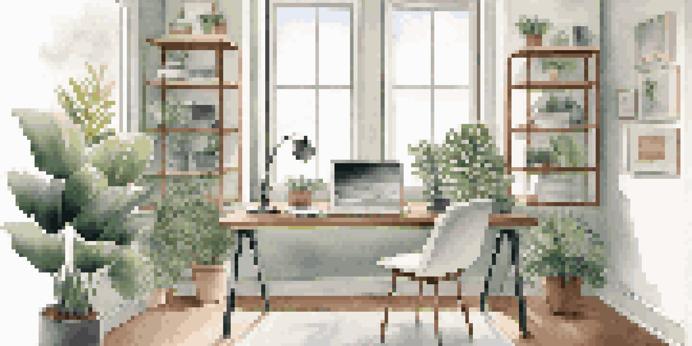 A cozy modern home office with a sleek desk, laptop, and indoor plants, illuminated by natural light from a large window.