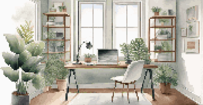 A cozy modern home office with a sleek desk, laptop, and indoor plants, illuminated by natural light from a large window.