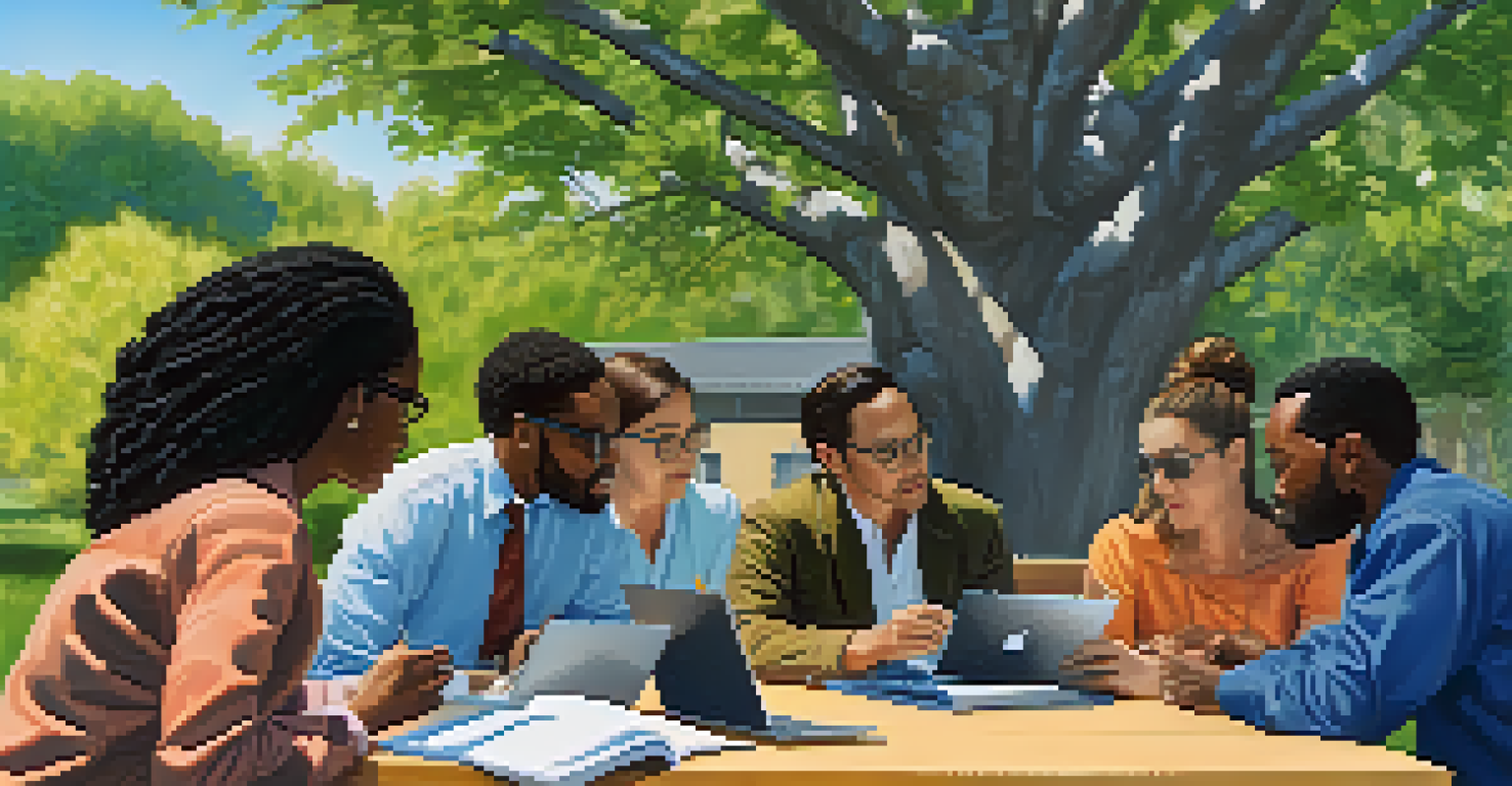A diverse group of professionals collaborating outdoors around a picnic table with laptops.