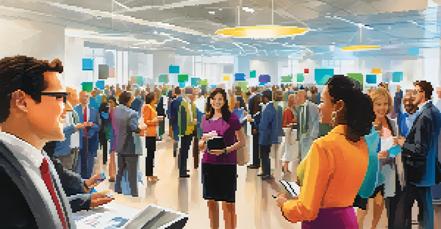 A lively networking event with diverse professionals engaging in conversations and exchanging business cards in a conference hall.