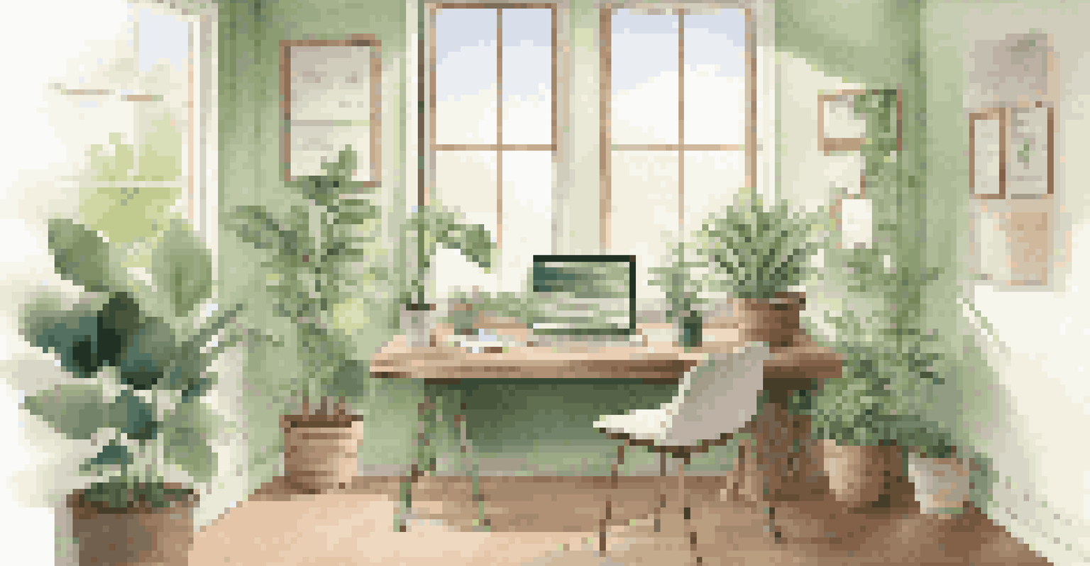 A serene office desk with a potted plant, notepad, and an open laptop on a video call.