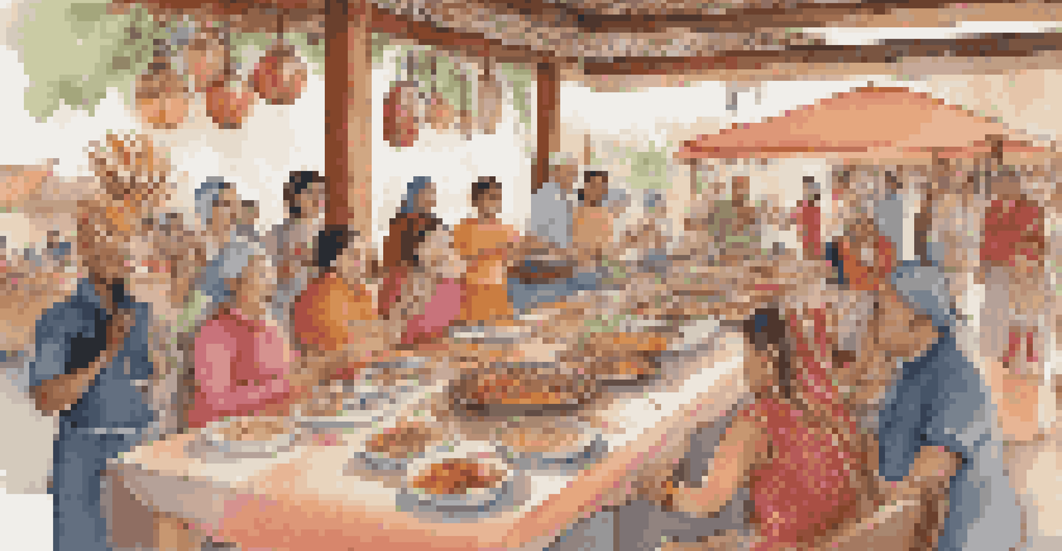 A cultural exchange event where individuals share traditions, showcasing dance and diverse dishes in a festive setting.