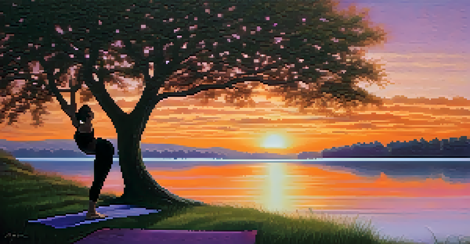 A person practicing yoga on a hill at sunset, surrounded by nature and a colorful sky.