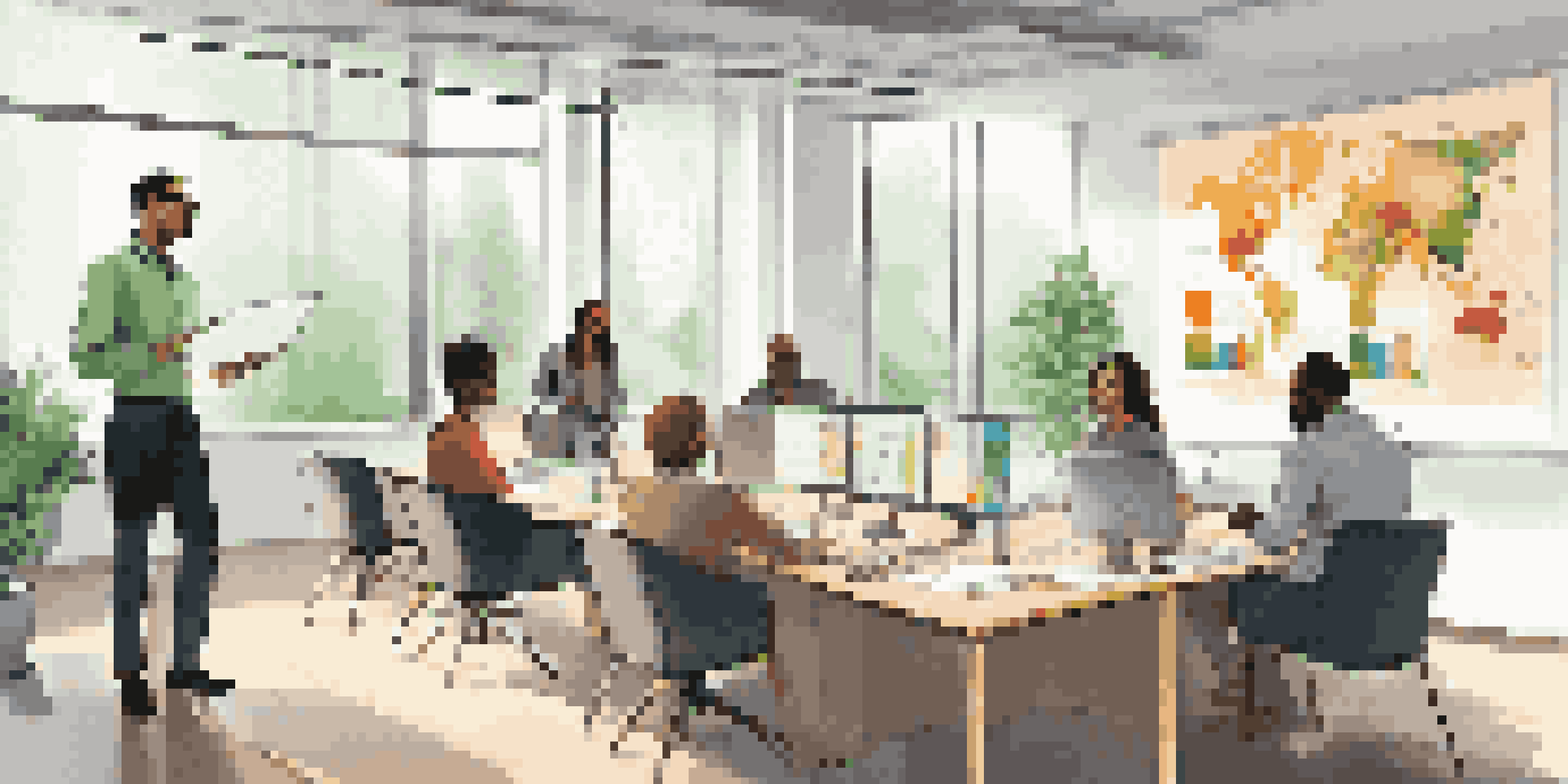 A diverse group of employees in a bright office meeting, with one woman presenting ideas while colleagues take notes.