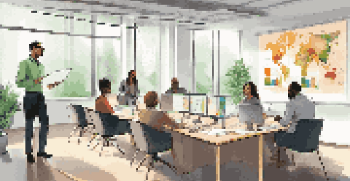 A diverse group of employees in a bright office meeting, with one woman presenting ideas while colleagues take notes.