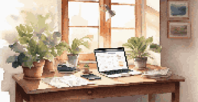 A peaceful workspace featuring a wooden desk with a laptop displaying a self-assessment checklist, a potted plant, and sunlight filtering through a window.