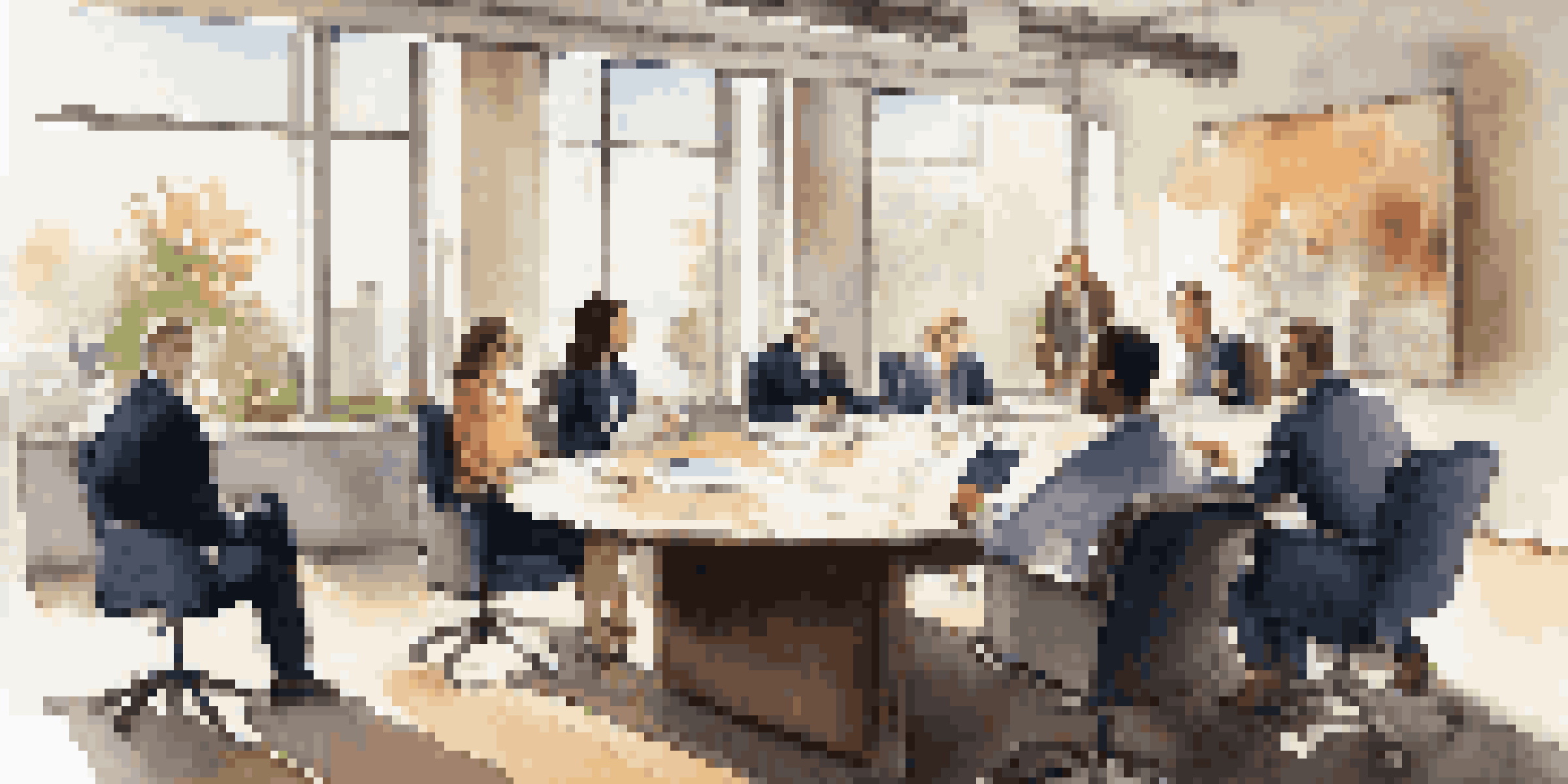 A diverse group of colleagues in a professional office setting having a discussion around a conference table, with warm lighting and modern decor.