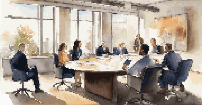 A diverse group of colleagues in a professional office setting having a discussion around a conference table, with warm lighting and modern decor.