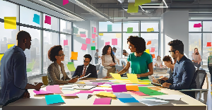 A diverse team working together in a bright, modern office, discussing ideas with sticky notes around them.