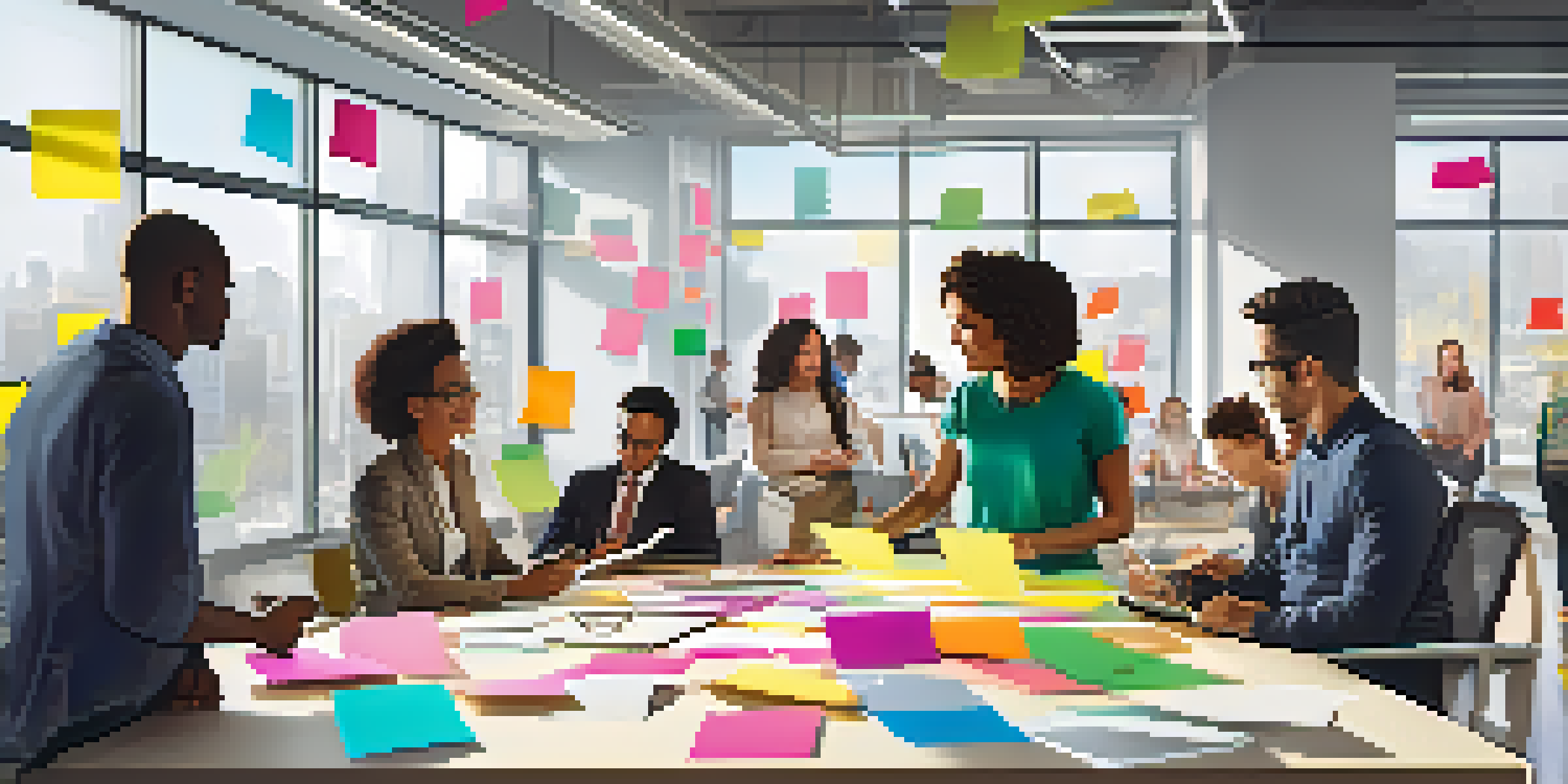 A diverse team working together in a bright, modern office, discussing ideas with sticky notes around them.