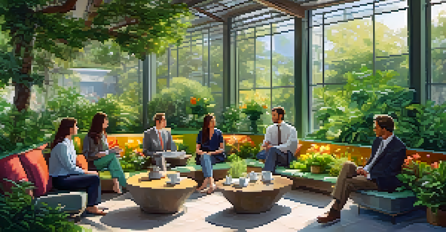 Two professionals enjoying a coffee chat in a serene office garden filled with greenery and colorful flowers.