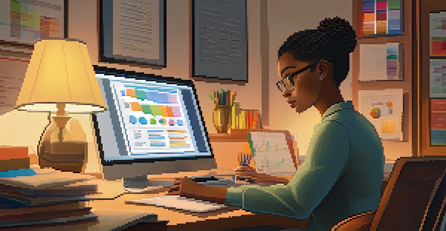 An educator sitting in a cozy office analyzing student performance data on a laptop, surrounded by books, with warm lighting creating a welcoming atmosphere.