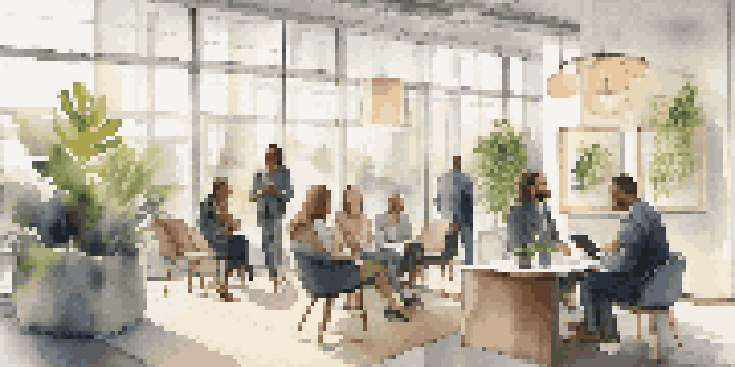 A group of diverse professionals having a conversation in a modern office with plants and artwork, illuminated by natural light.