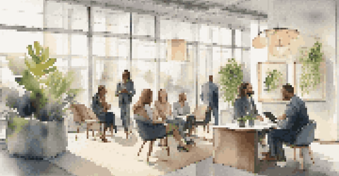 A group of diverse professionals having a conversation in a modern office with plants and artwork, illuminated by natural light.