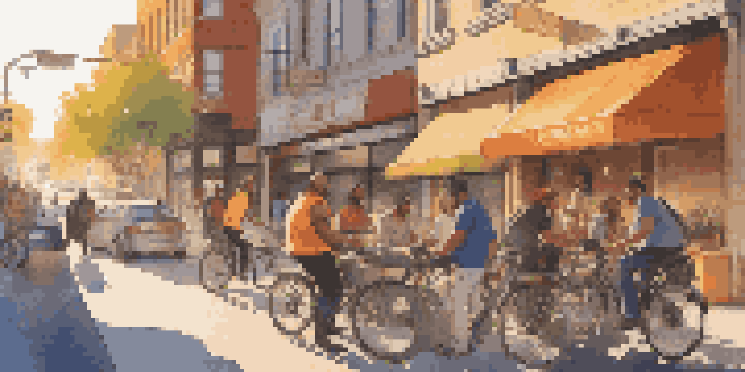 A busy city street with various gig workers including a cyclist, a designer, and a rideshare driver, illuminated by golden hour sunlight.